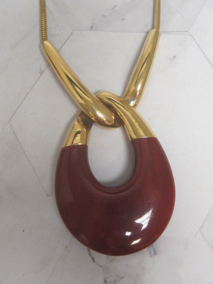 1960's Crown Trifari Lucite Pendant on 26" Goldtone Chain - 2