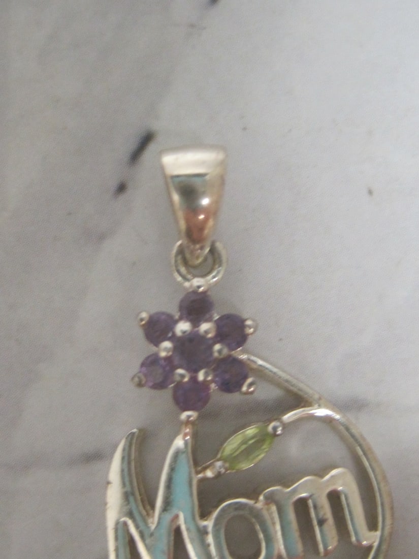 Sterling Silver "Mom" Pendant with Amethyst & Peridot Stones - 2