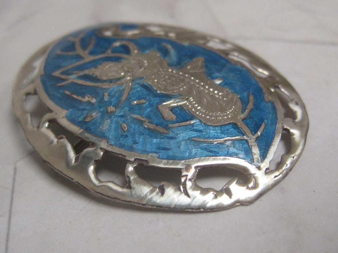 Sterling Silver Siam Brooch with Turquoise Enameling - 3