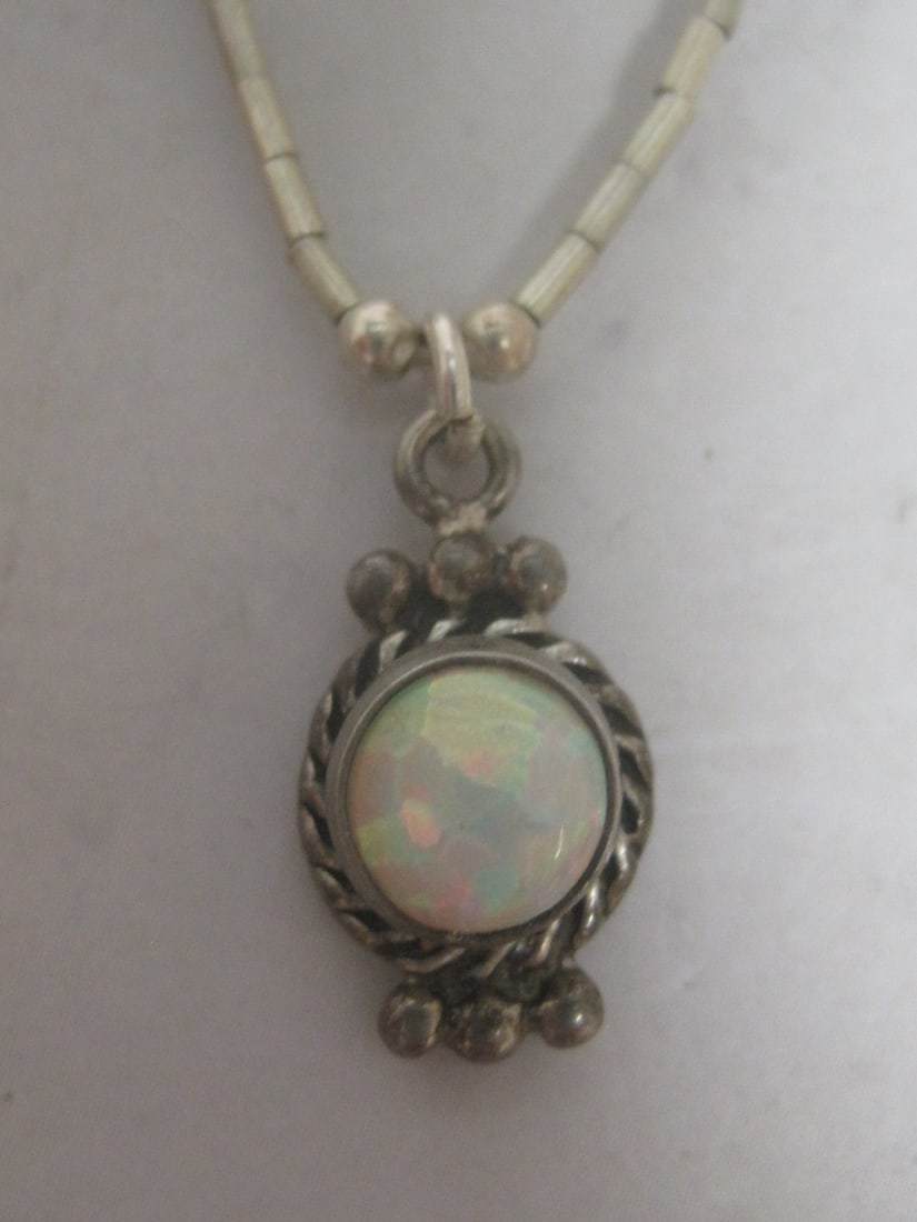 16" Sterling Silver Liquid Silver Chain with Sterling Silver Opal Pendant - 2
