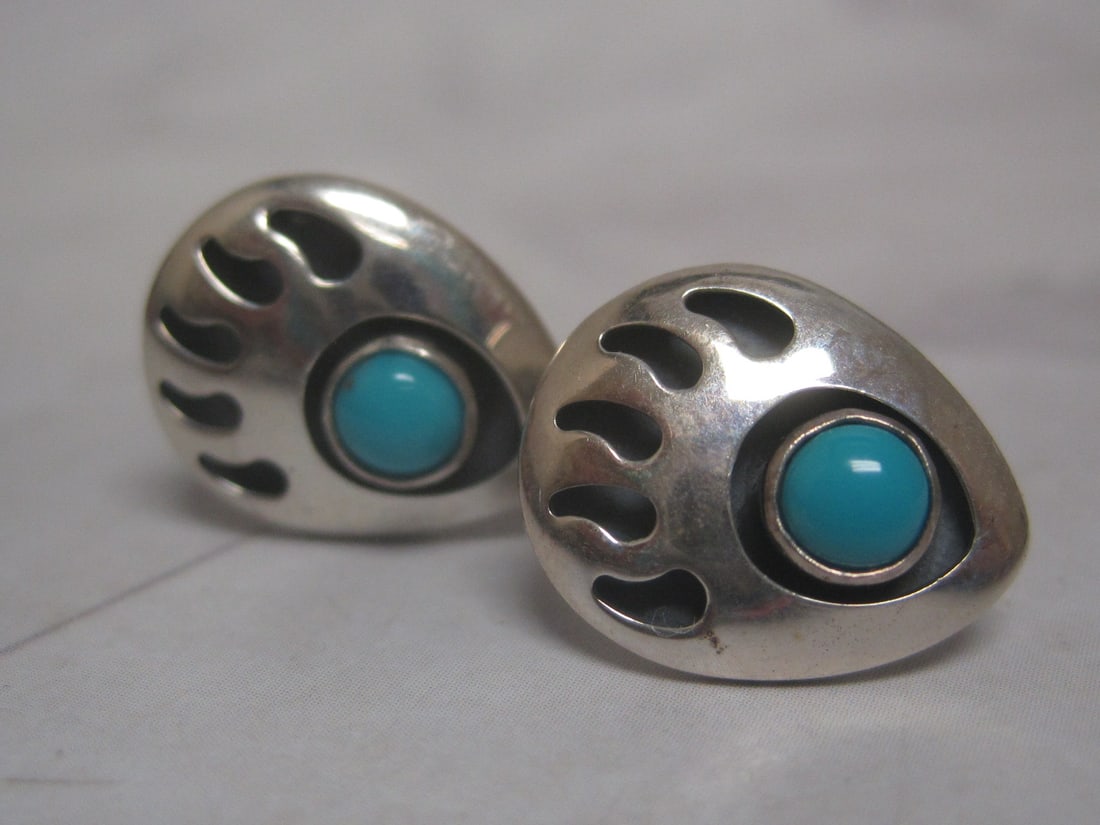 Sterling Silver Bear Paw Earrings with Turquoise Stones: Weighs 2.5 grams