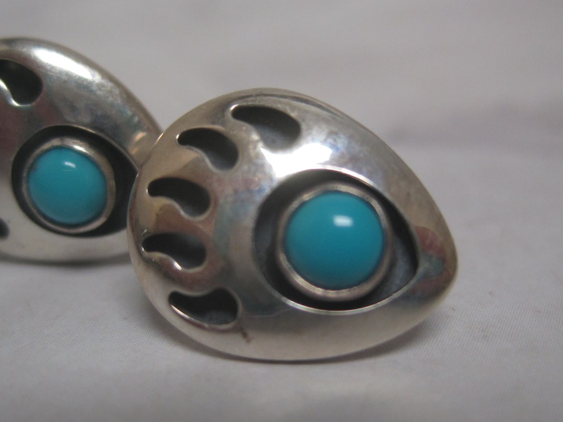 Sterling Silver Bear Paw Earrings with Turquoise Stones - 2
