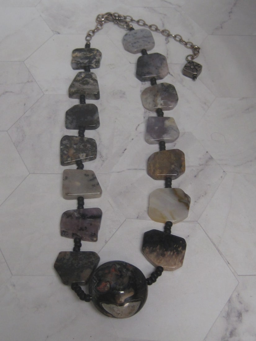 24" Natural Stone Necklace with Sterling Silver Clasp: .