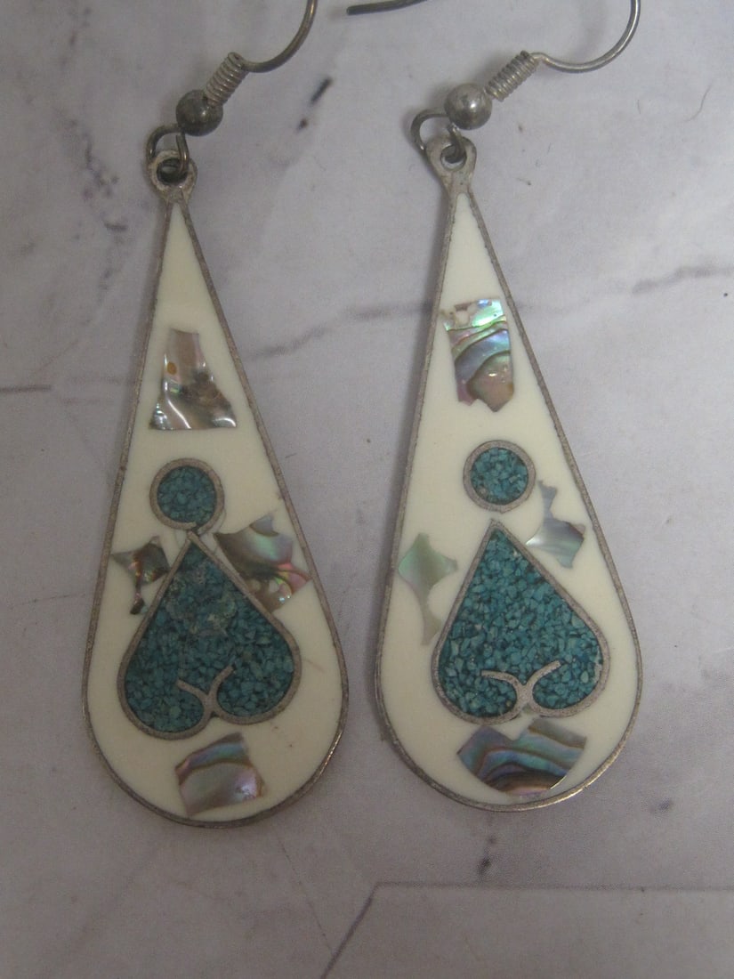 Mexican Silver Earrings with Inlaid Turquoise & Mother of Pearl: Weighs 5.1 grams