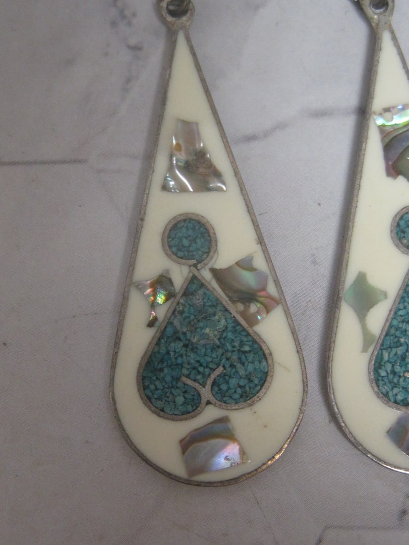 Mexican Silver Earrings with Inlaid Turquoise & Mother of Pearl - 2