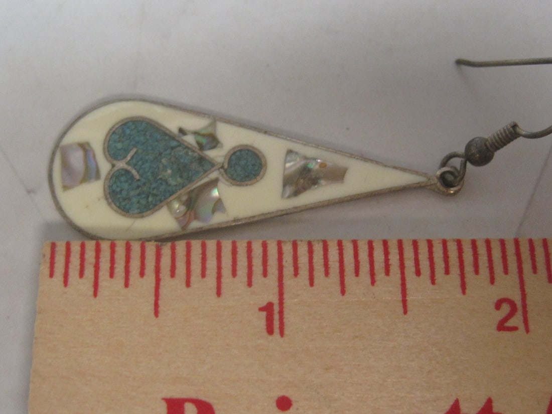 Mexican Silver Earrings with Inlaid Turquoise & Mother of Pearl - 4