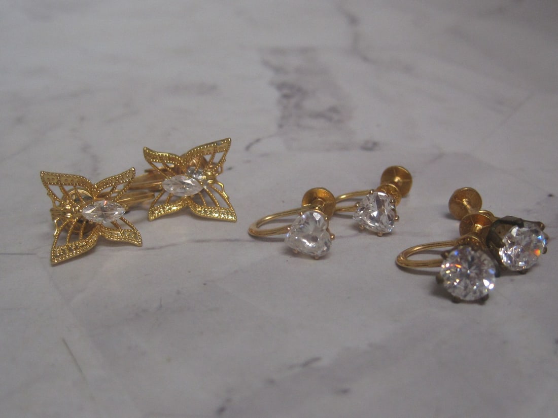 Lot of 3 Pairs of Gold-Filled CZ Earrings: 1 clip, 2 screwback