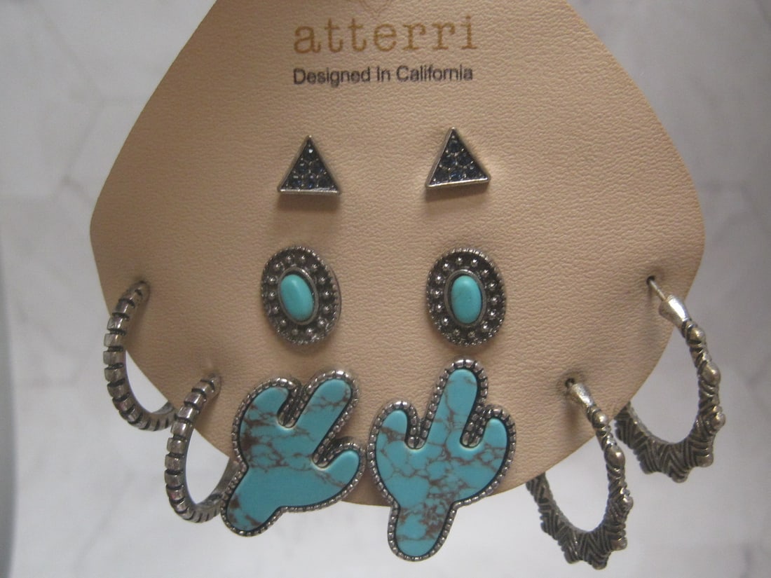 New Atterri Set of 5 Silvertone Southwestern Style Pierced Earrings: .