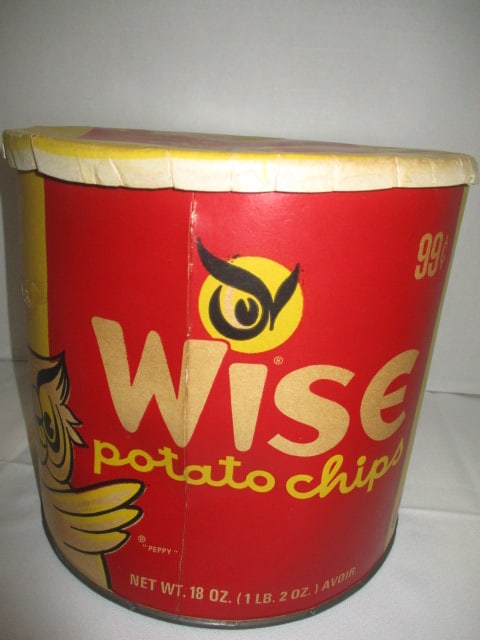 Vintage Borden Inc. Wise Foods "Wise Potato Chip" Cardboard Chip Can: 10"dia x 9"h, age/use wear-see pictures and preview for condition