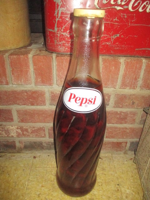 1960's Pepsi General Store Countertop Advertisement Display Bottle: 20 1/2"h, per original owner was displayed in the old Shaw Pharmacy in Greenville, SC, has colored liquid in sealed bottle