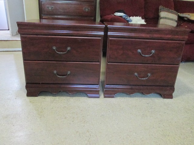 Pair of Cherry Grain 2 Drawer Night Stands: 25 1/2" x 15 3/4" x 24 1/2", some scuffs, one has some veneer bubbling on top, both have some veneer lifting on both toe kicks, Local Pickup Only