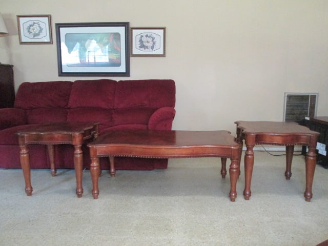 3 Piece Banded Cherry Finish Coffee Table and End Table Set: Coffee table 50" x 26" x 19", (2)End tables 24"square x 23", some scuffs, Local Pickup Only