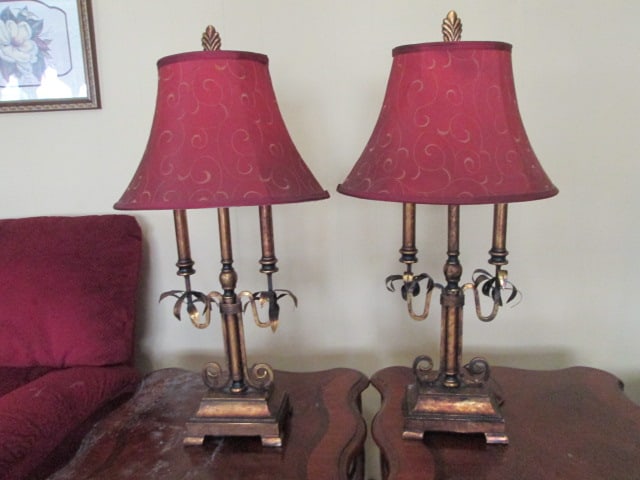 Pair of Bronzed Bouillotte Style Table Lamps: 31 1/2"h, some tears to linings, Local Pickup Only
