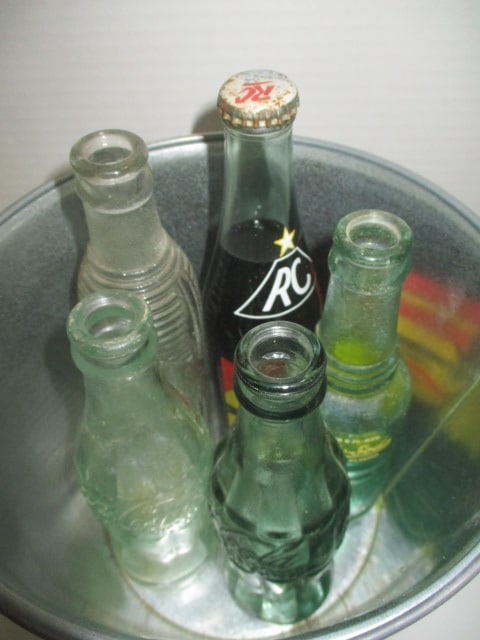 Five Old Soda Beverage Bottles in Tin Pail - 3