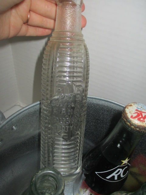 Five Old Soda Beverage Bottles in Tin Pail - 4