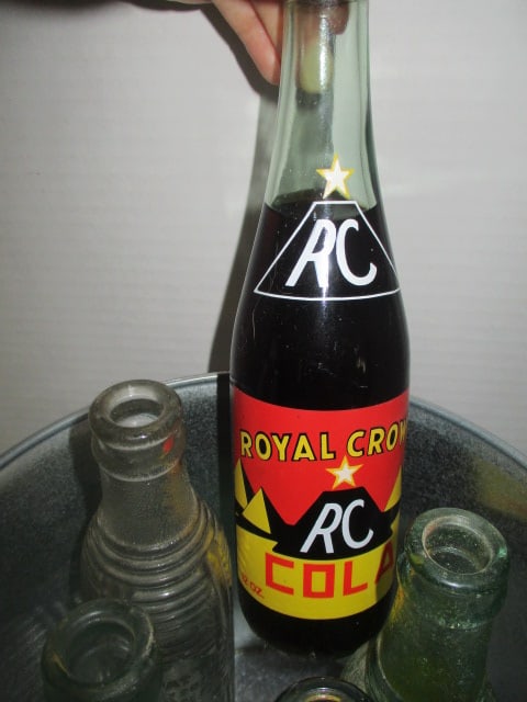 Five Old Soda Beverage Bottles in Tin Pail - 5