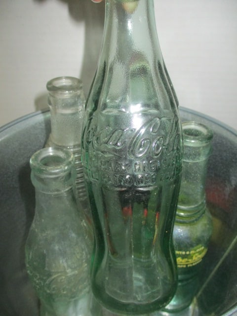 Five Old Soda Beverage Bottles in Tin Pail - 7