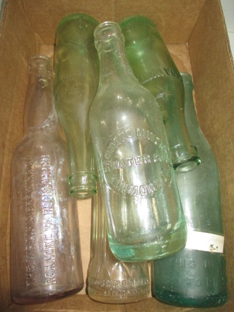 Six Early 1900's Soda Water and Beer Green/Clear Glass Bottles: .
