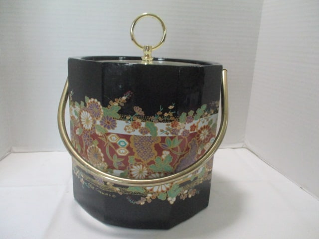 Midcentury Reg Cassini Chinoiserie Design Ice Bucket: 10 1/2"h, lid has few cracks around handle hole