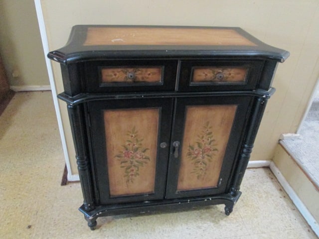 Hand Decorated Foyer/Hall Console Cabinet: 30" x 13 3/4" x 33", has two drawers and two doors, some finish scuffs/scratches, missing one door pull, Local Pickup Only