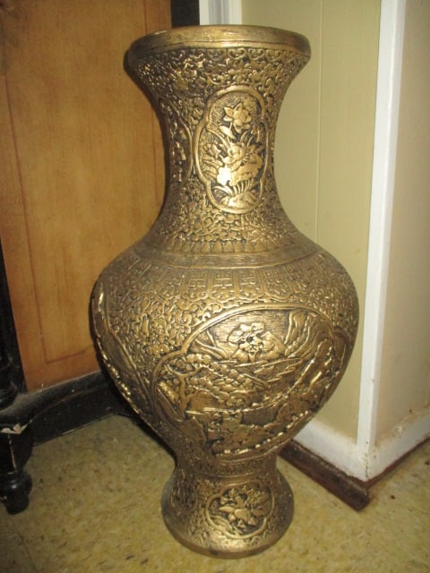 Antiqued Gold Chinoiserie Design Plaster Urn Floor Vase: 20 1/2"h, chip on base