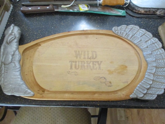 "Wild Turkey" Advertisement Wood and Cast Aluminum Turkey Cutting Board: 24" long, some stains