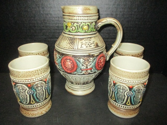 Vintage Gera Keramik W. German Stoneware Pitcher and Tumbler Set: pitcher 8 1/4"h, (4)4 1/4" tumblers