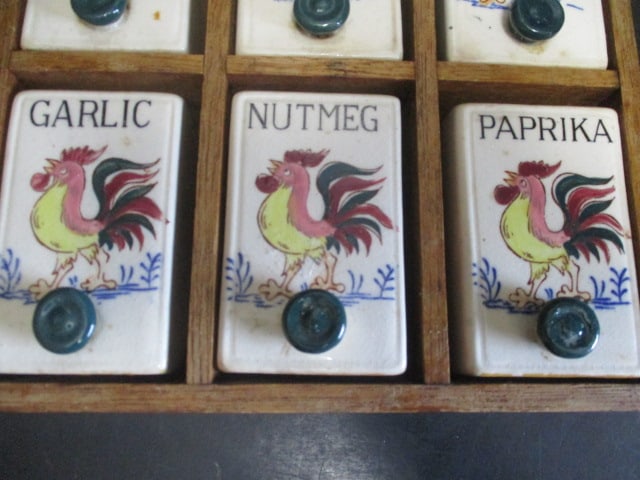 Midcentury Ceramic Rooster/Chicken Spice Jar Set in Wood Display Made in Japan - 2