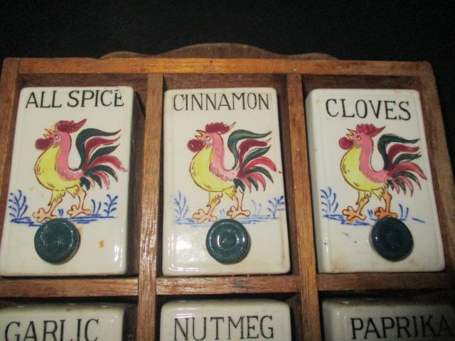 Midcentury Ceramic Rooster/Chicken Spice Jar Set in Wood Display Made in Japan - 3