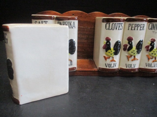 Midcentury Ceramic Rooster/Chicken Spice Jar Set in Wood Display Made in Japan - 3