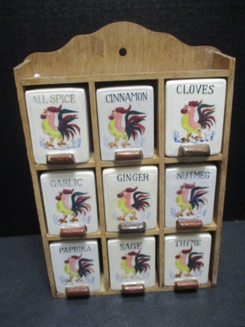 Midcentury Ceramic Rooster/Chicken Spice Jar Set in Wood Display Made in Japan (1 of 5)