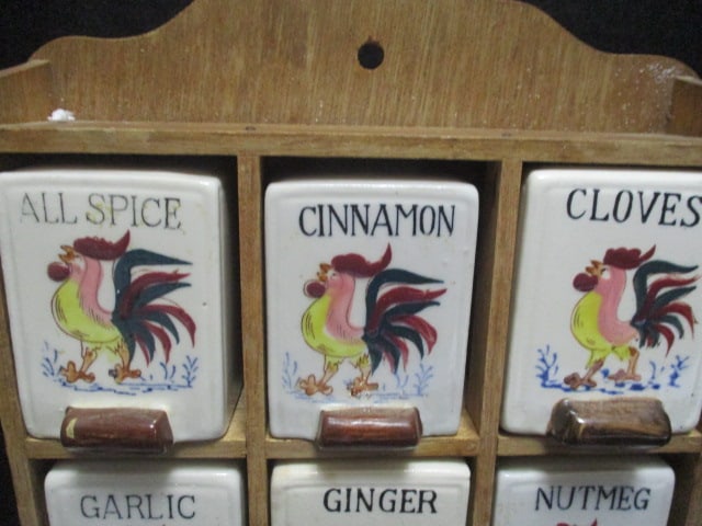 Midcentury Ceramic Rooster/Chicken Spice Jar Set in Wood Display Made in Japan - 2