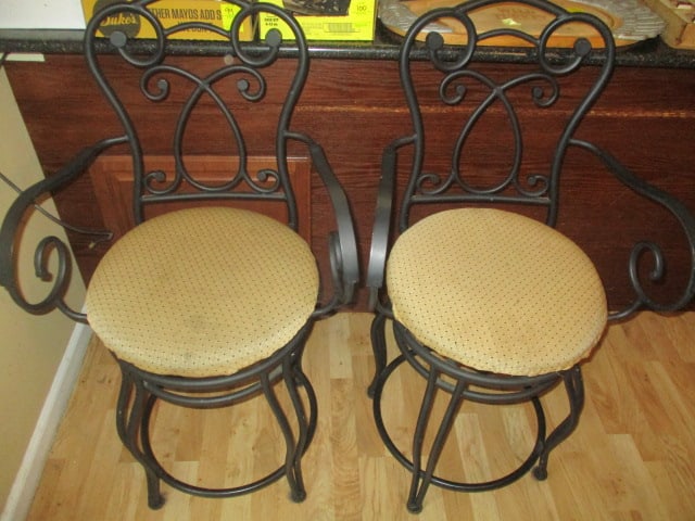 Pair of Wrought Iron Swiveling Bar Chairs: 21"w, seats need some spot cleaning, Local Pickup Only