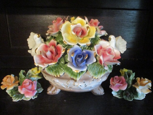 Beautiful Capodimonte Handpainted Italian Porcelain Floral Centerpiece with Doves and (1 of 5)