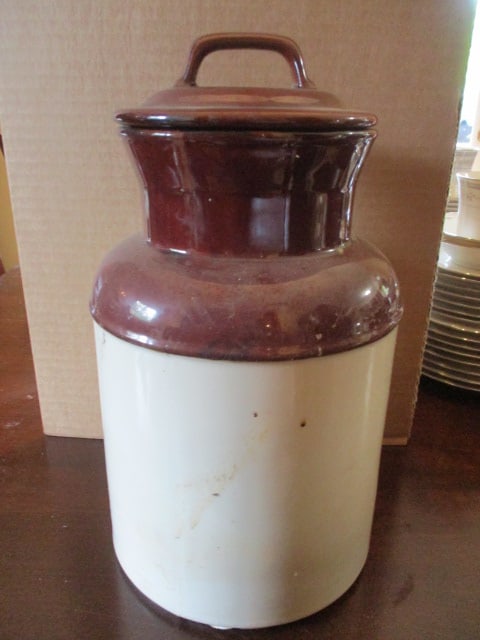Vintage McCoy Brown & White Cookie Jar/Crock: 12 1/2"h, crazing