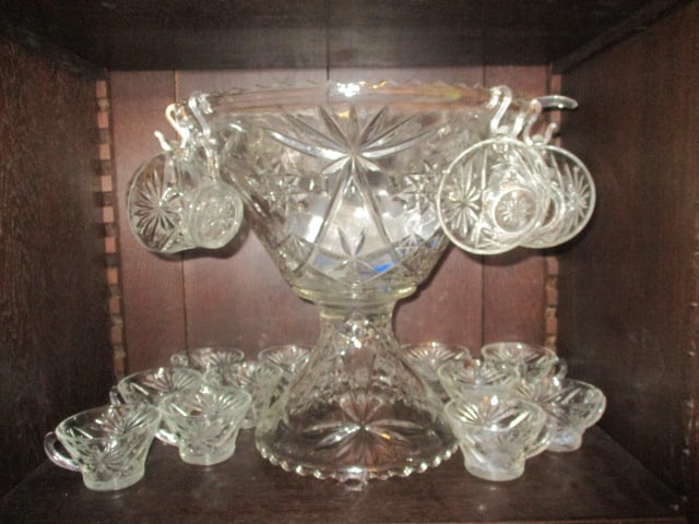 Midcentury Pressed Glass Hobstar Punch Bowl Set: Includes bowl, pedestal, 12 cups, hangers and ladle, Local Pickup Only