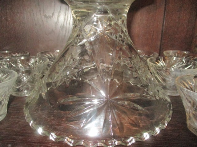 Midcentury Pressed Glass Hobstar Punch Bowl Set - 4