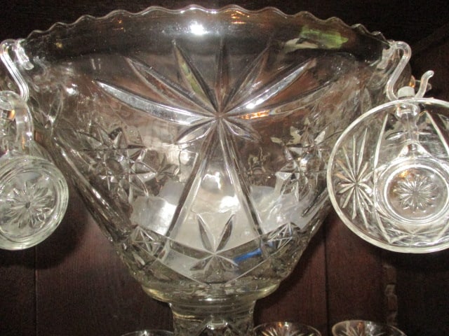 Midcentury Pressed Glass Hobstar Punch Bowl Set - 5
