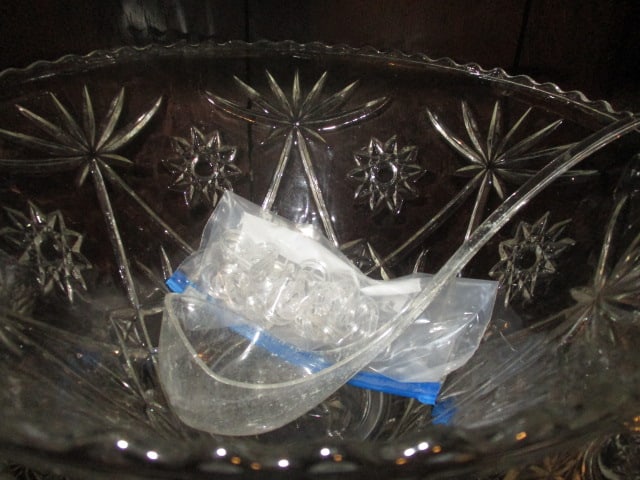 Midcentury Pressed Glass Hobstar Punch Bowl Set - 6