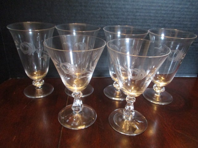 Crystal Rose Blossom Etched Stemware: (4)6 1/4", (2)6"h