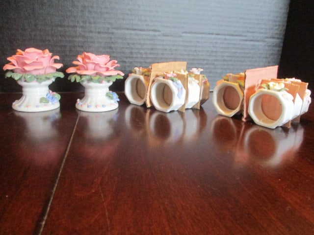 Pair of Handpainted Rose Blossom Candle Holders and 12 Napkin Rings: .