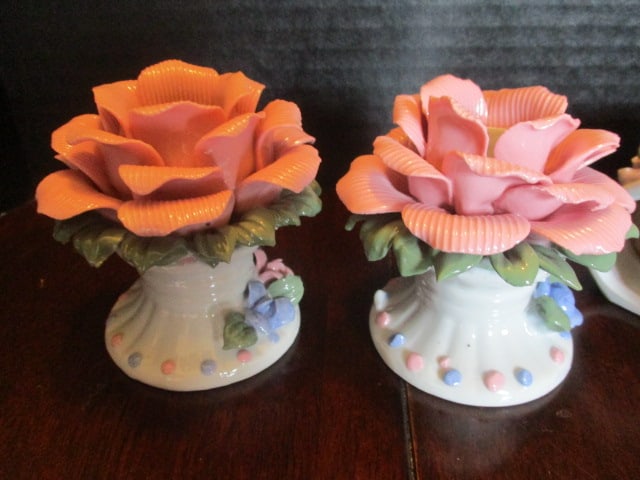 Pair of Handpainted Rose Blossom Candle Holders and 12 Napkin Rings - 2
