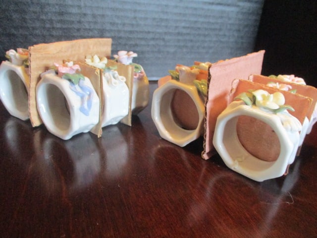 Pair of Handpainted Rose Blossom Candle Holders and 12 Napkin Rings - 4