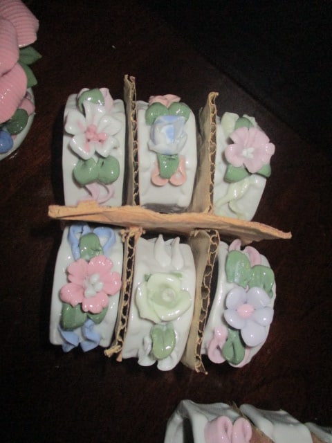 Pair of Handpainted Rose Blossom Candle Holders and 12 Napkin Rings - 6