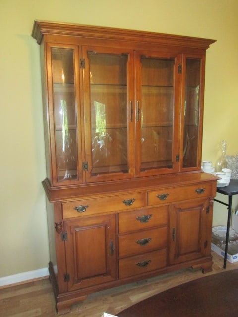 Tell City Chair Co. Young Republic 2 Piece Illuminated Maple China Hutch: Server 52" x 19 1/4" x 33 1/2", Hutch 53 1/2"(crown to crown) x 13 1/4" x 42", China hutch has convex bubble glass doors with glass shelves, server has five dovetail drawers and two doors, one drawer