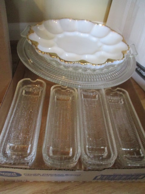 White Glass Egg/Relish Plate, Cake Plate, Cake Pedestal and Eight Glass Corn on Cob Holders: .