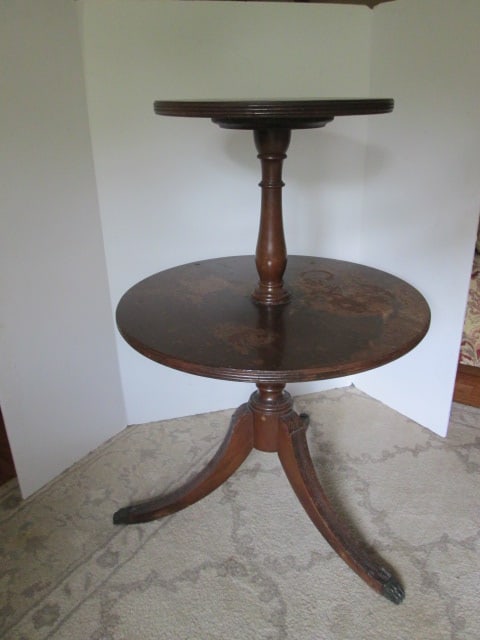 Vintage Genuine Mahogany Round 2 Tier Butler Table: 20"dia x 29 1/2"h, brass cap claw feet, made in Grand Rapids, Michigan, Style #2020m has water marks and finish wear, Local Pickup Only
