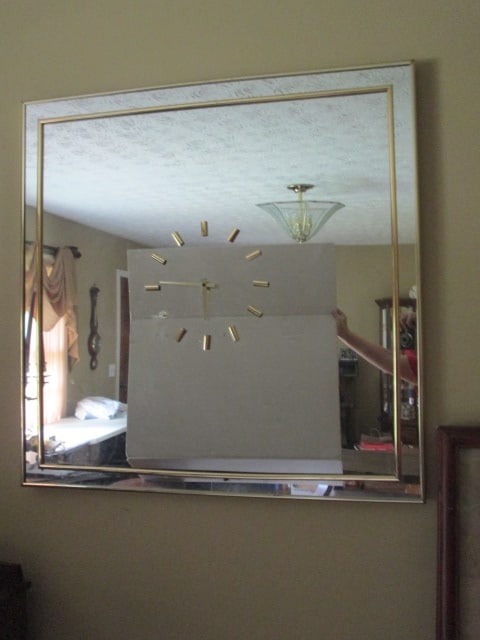 Midcentury Bassett Mirror Co. Quartz Mirror Clock with Gold Band/Face Numbers: 30 1/4" square, missing "8" has mark, Local Pickup Only