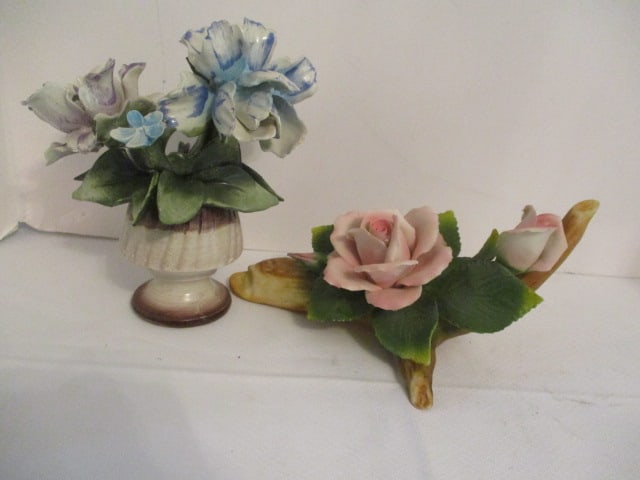 Capodimonte Italian Porcelain Rose Blossoms on Branch and Basket of Flowers (1 of 5)