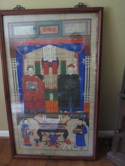 Antique Chinese Ink & Color Wash "Ancestor Portrait" Painting with Appraisal Certificate: Painting has Appraisal Certificate Appraisal from Valuemystuff 06/25/2026, Per appraisal A Chinese ink and color wash "Ancestor Portrait" painting. Description: Depicting a lady in a red robe with a